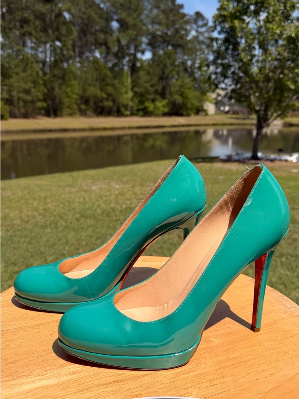 Louboutin Teal Patent Leather High Heel Platform Pumps